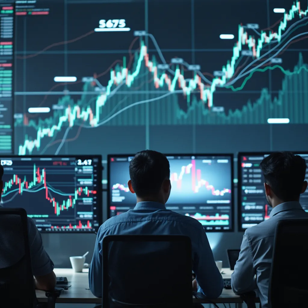 Personas analizando gráficos financieros y noticias